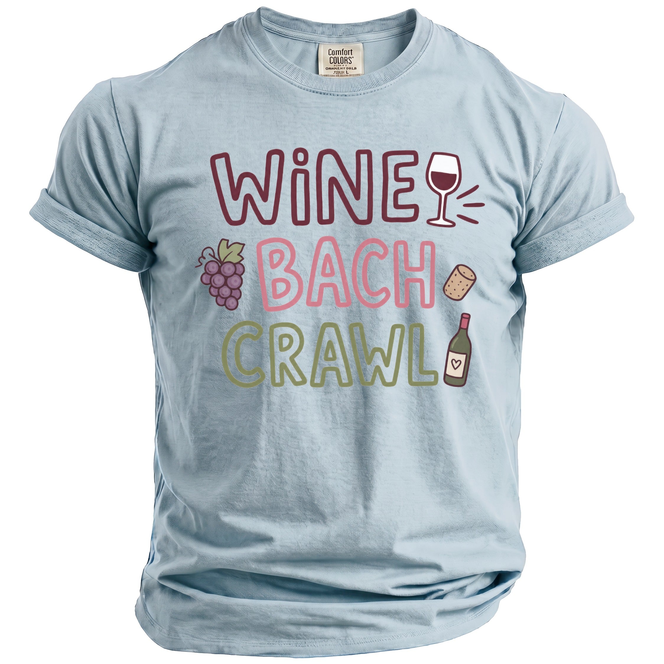 Light blue t-shirt with "WINE BACH CRAWL" text and wine-themed graphics.