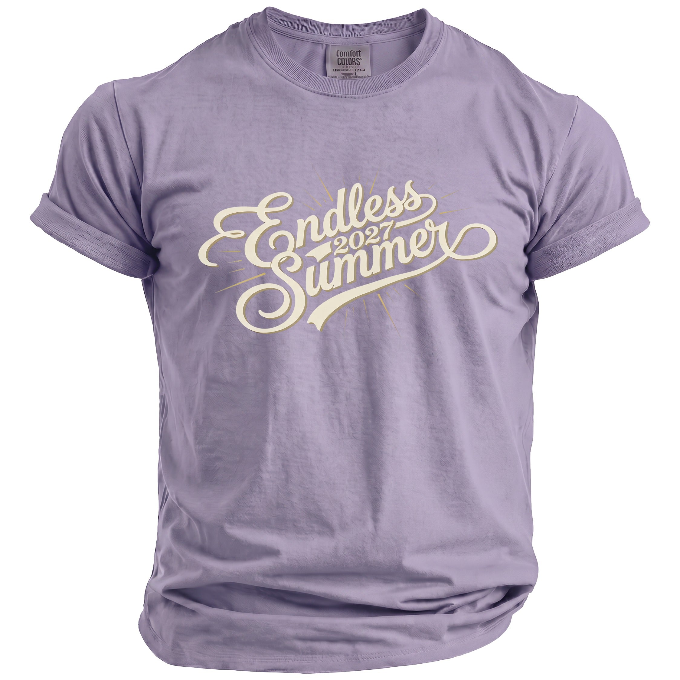 Lavender t-shirt with "Endless Summer 2027" text graphic.