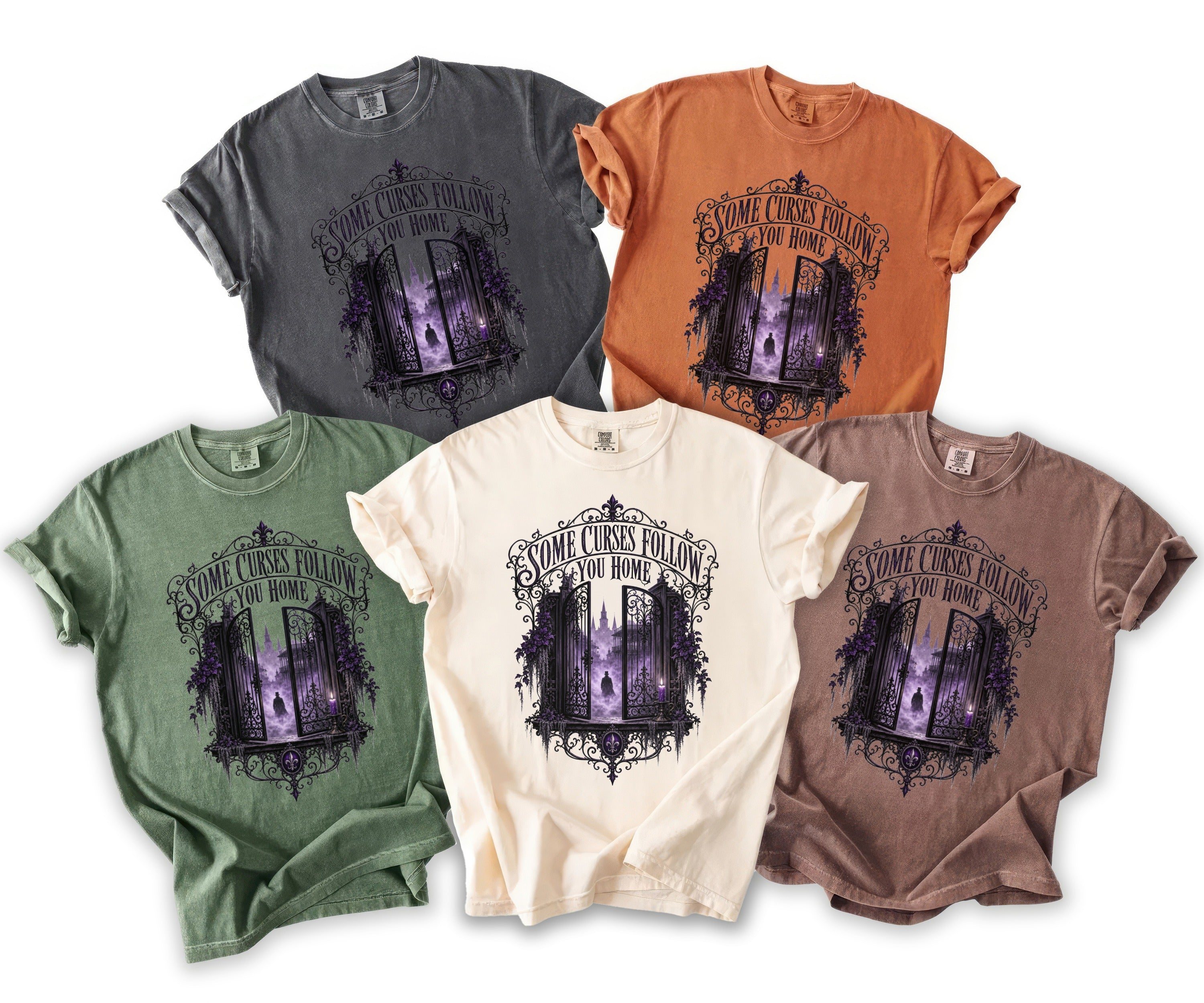 Five t-shirts in different colors display a graphic of ornate gates leading to an eerie manor with the text "Some Curses Follow You Home."