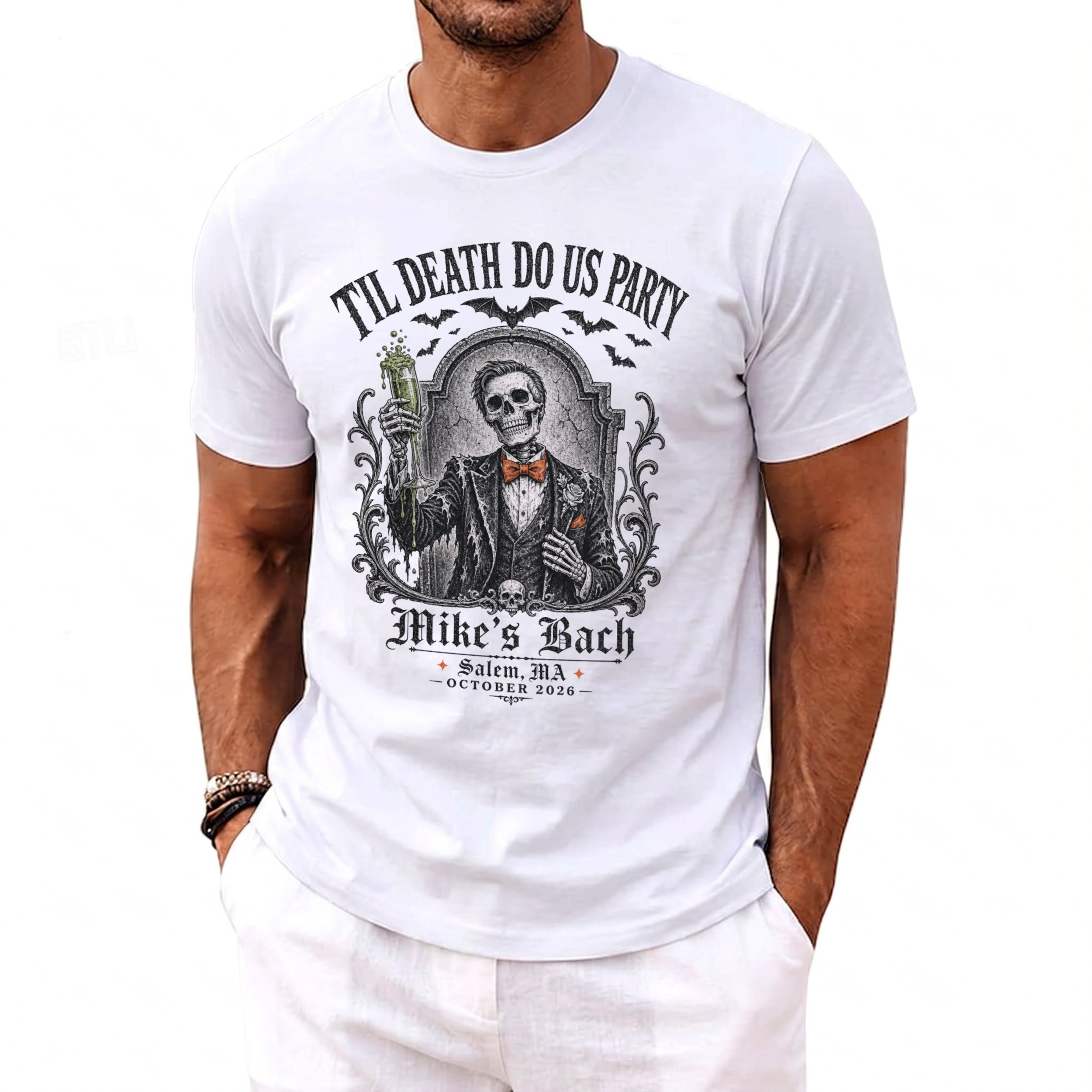 White t-shirt with a skeleton graphic, "Til Death Do Us Party," and "Mike's Bach."