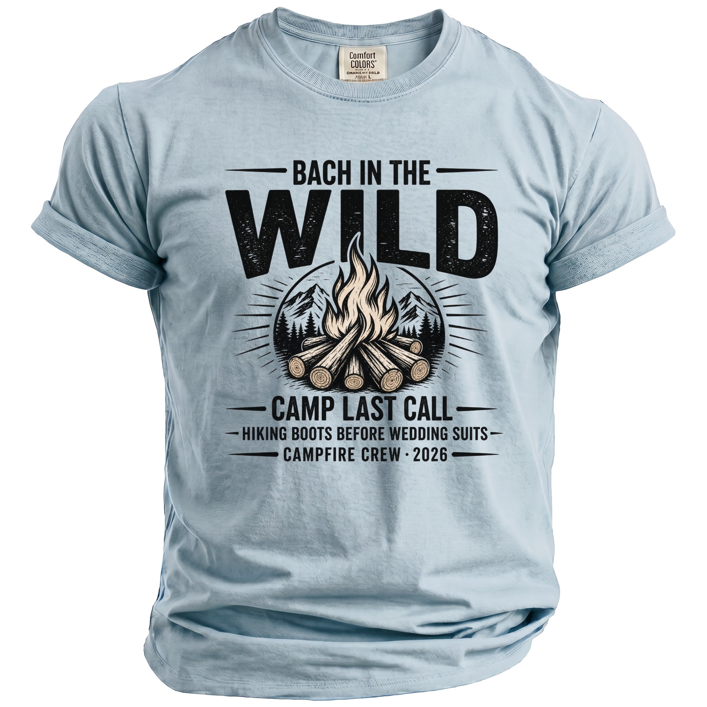 Light blue t-shirt with "Bach in the Wild, Camp Last Call, Campfire Crew 2026" graphic.