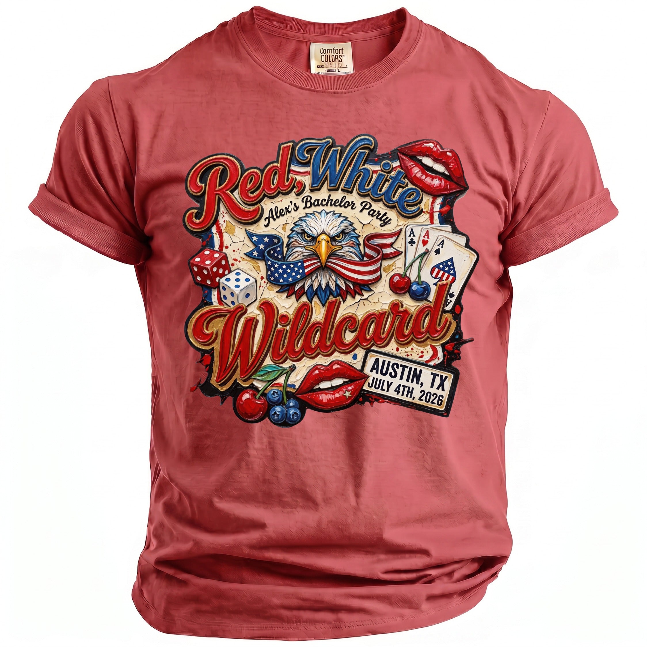 Red White Wildcard t-shirt with eagle, dice, cards, lips, and July 4th Austin TX text.
