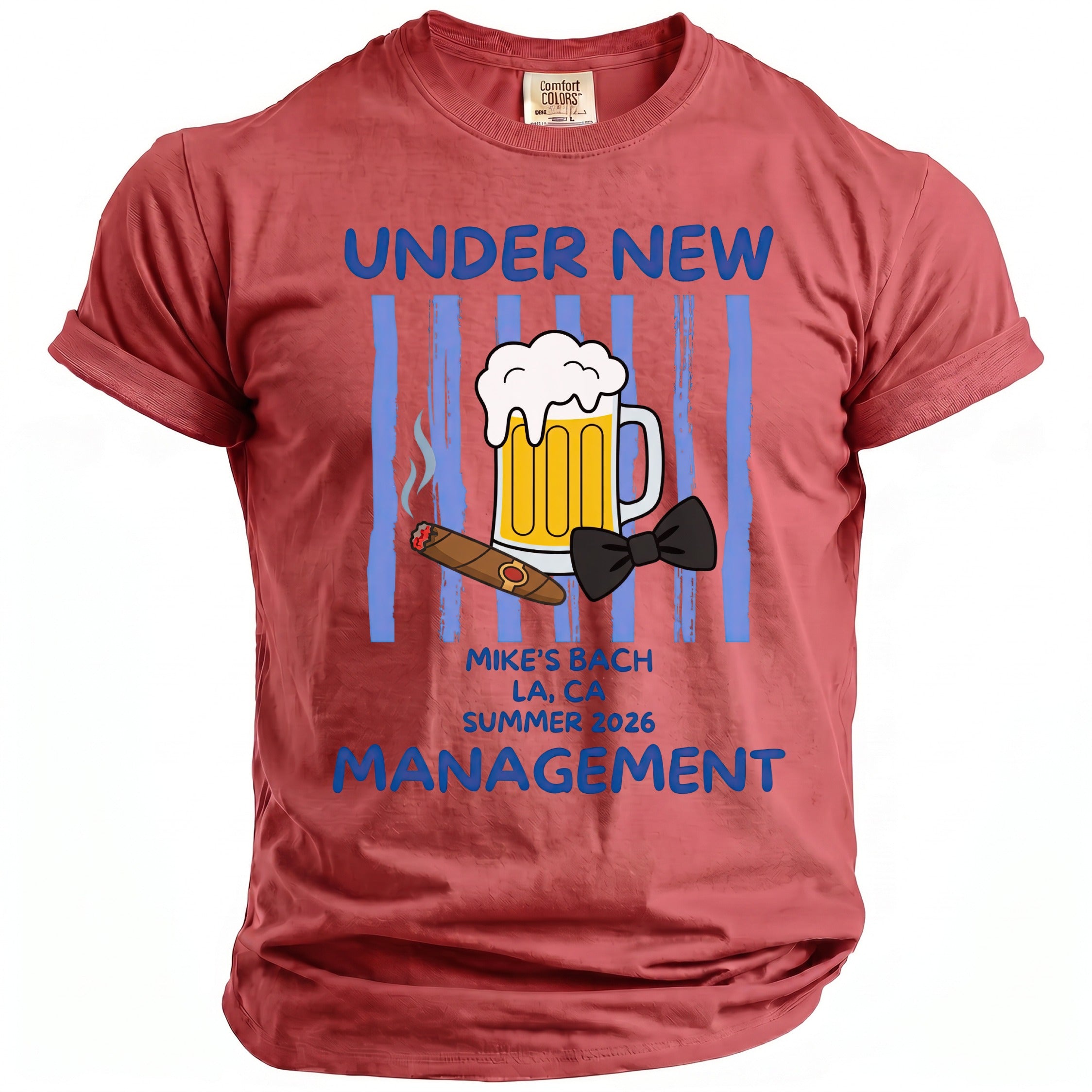 Red t-shirt with graphic. Text reads "Under New Management" and "Mike's Bach LA, CA Summer 2026."