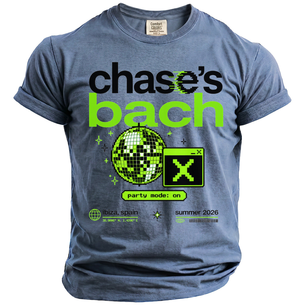Chase's Bach graphic t-shirt with disco ball, X icon, and location information.