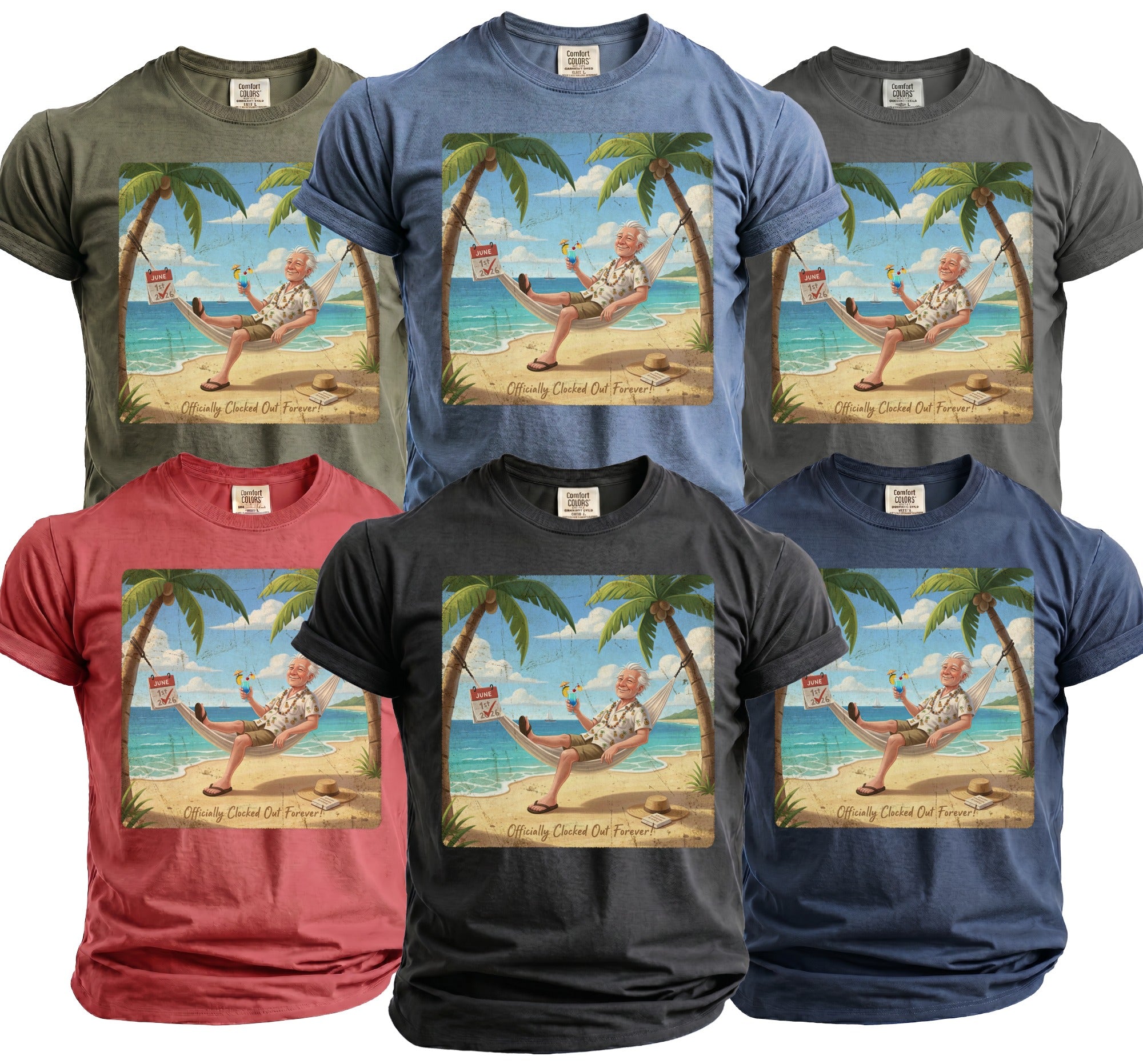 Man relaxing in hammock on beach, text "Officially Clocked Out Forever!".