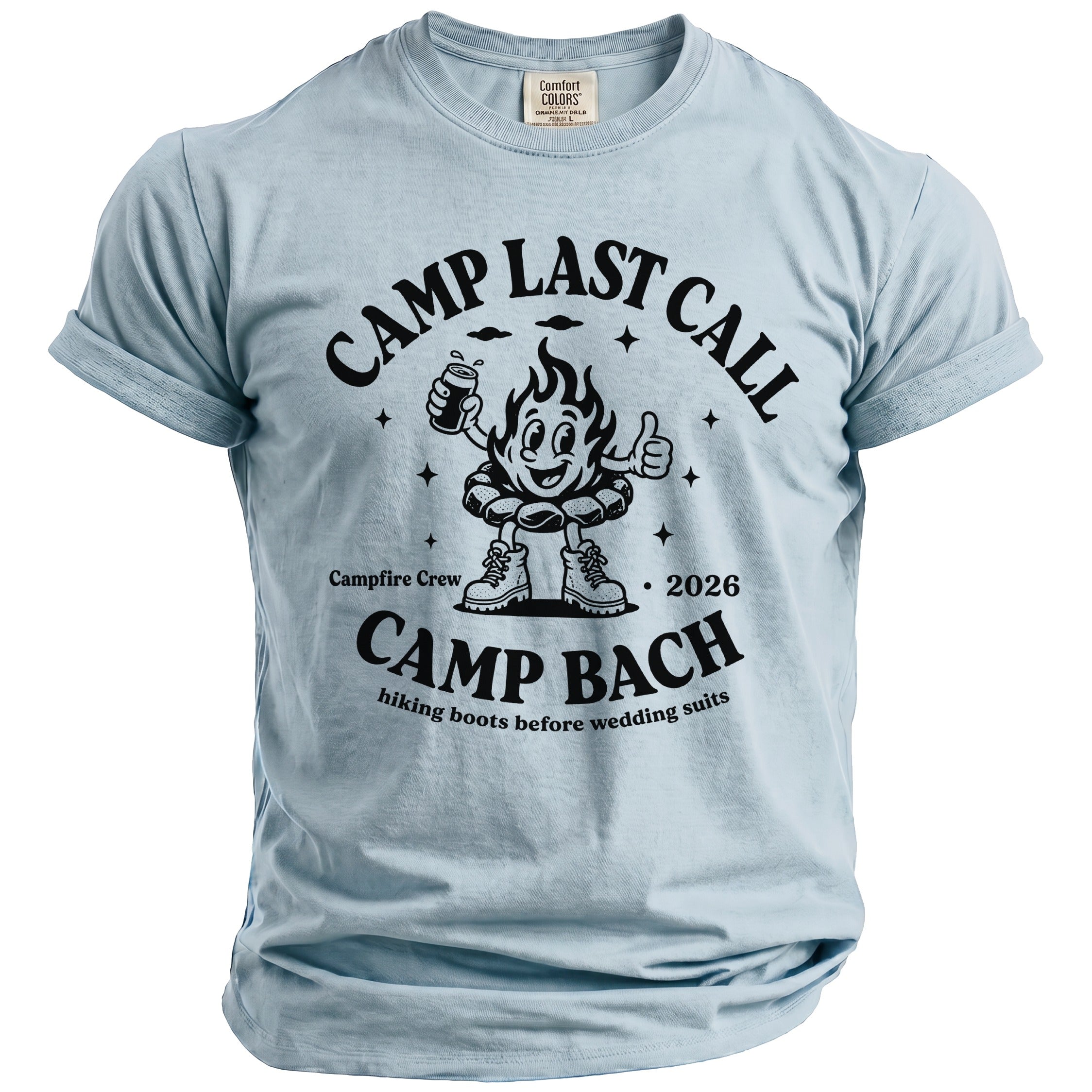 Light blue short-sleeve t-shirt with black retro graphics and text reading Camp Last Call and Camp Bach.