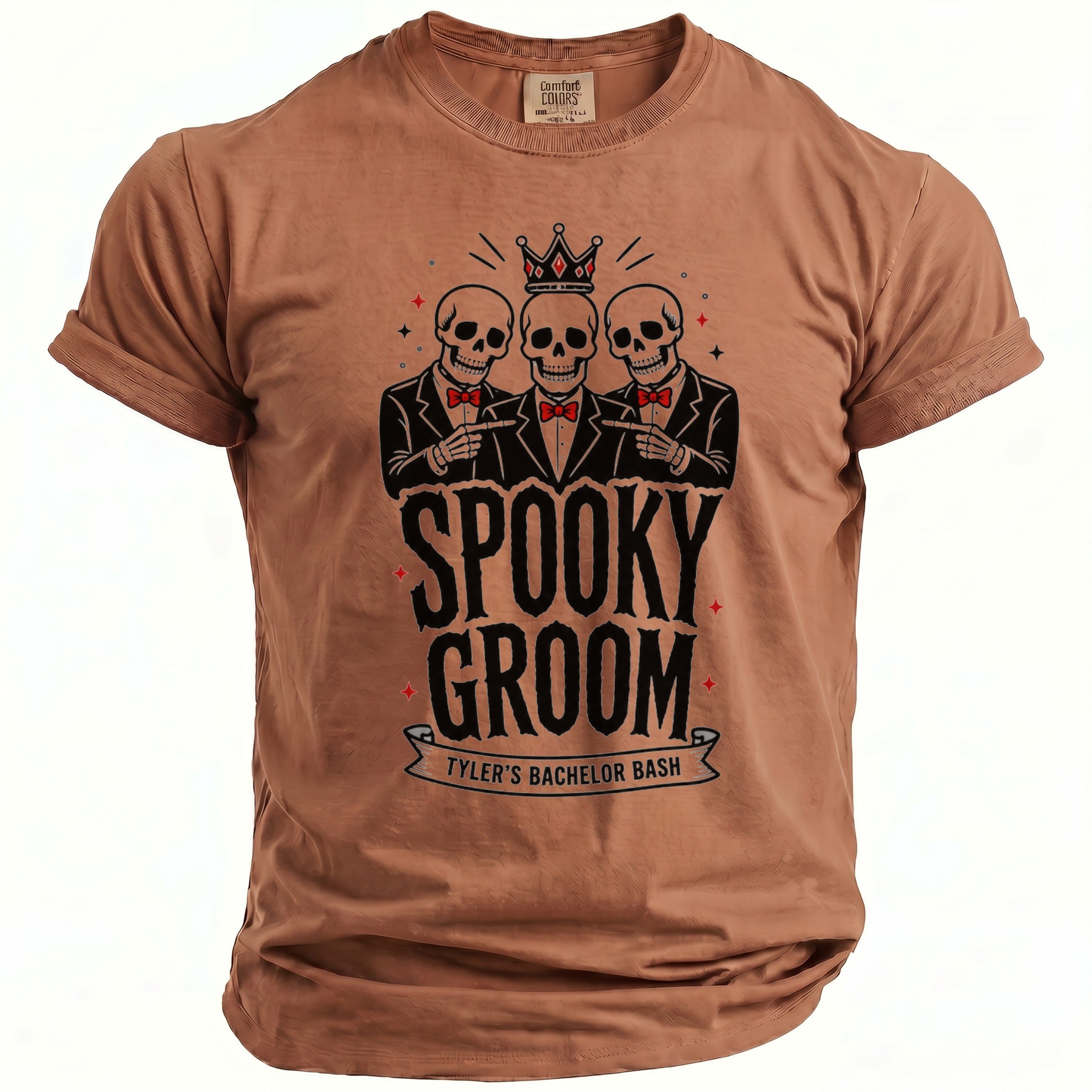 Brown t-shirt with three skeletons, crown, text "SPOOKY GROOM TYLER'S BACHELOR BASH".