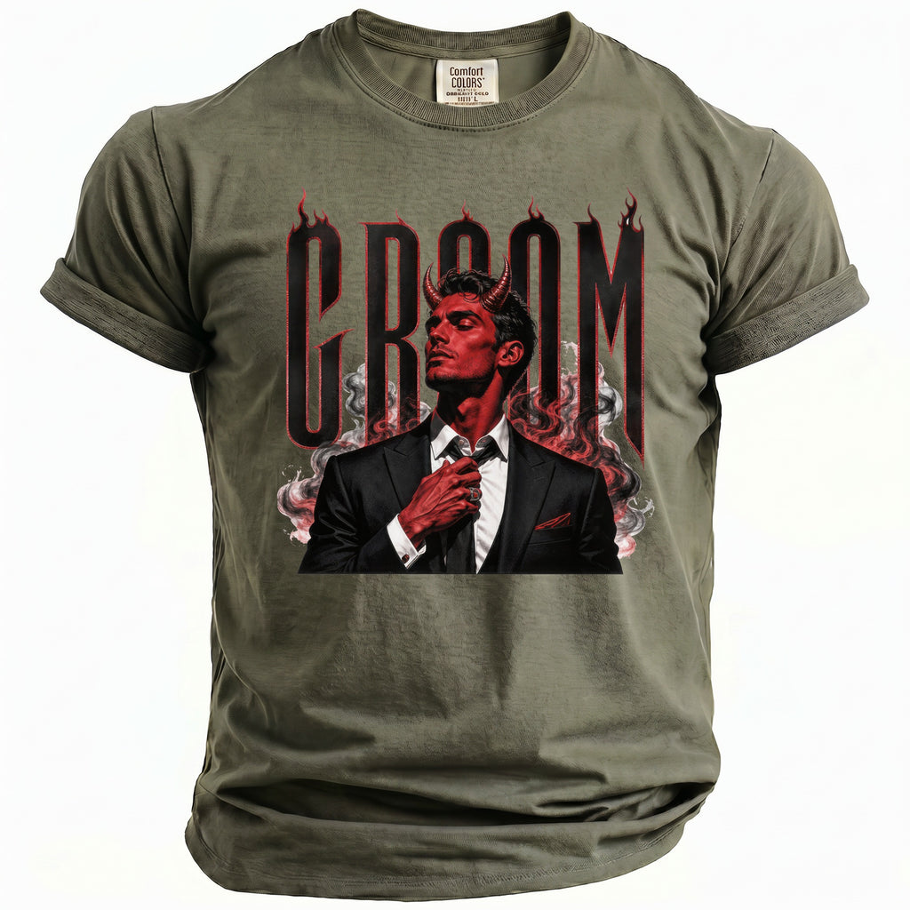 Green t-shirt with graphic of a devil and the word "GROOM" in flames.