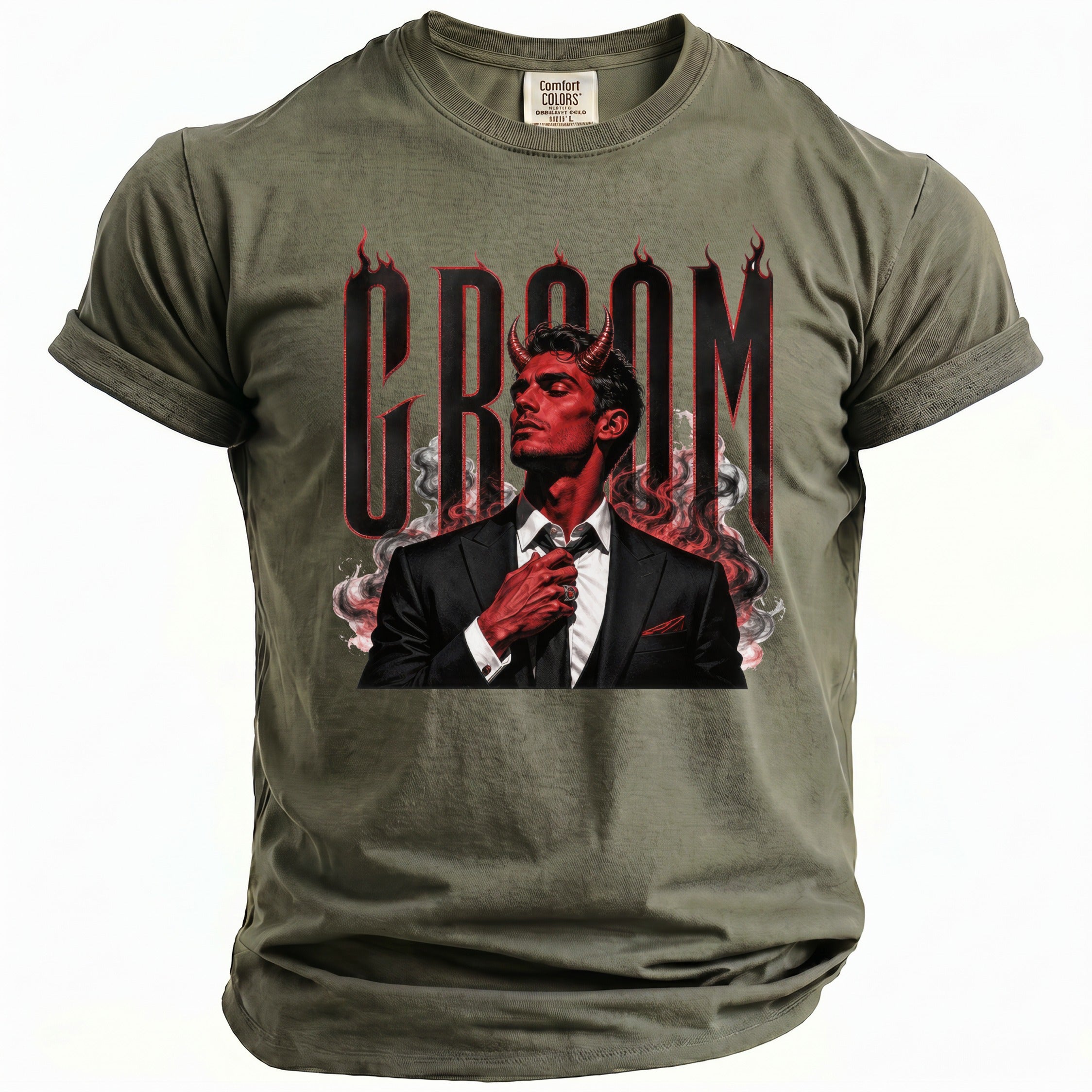 Green t-shirt with graphic of a devil and the word "GROOM" in flames.