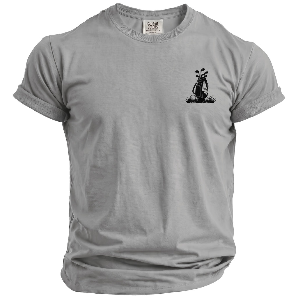 Grey t-shirt with black golf bag, clubs, and "GROOM" text graphic.