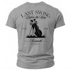T-shirt with "Last Swing Before the Ring" text, golf bag, and customized name and location.