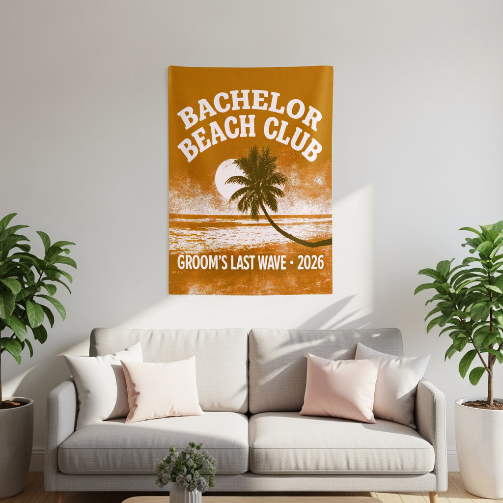 Bachelor Beach Club banner with palm tree, sun, and "Groom's Last Wave 2026" text.