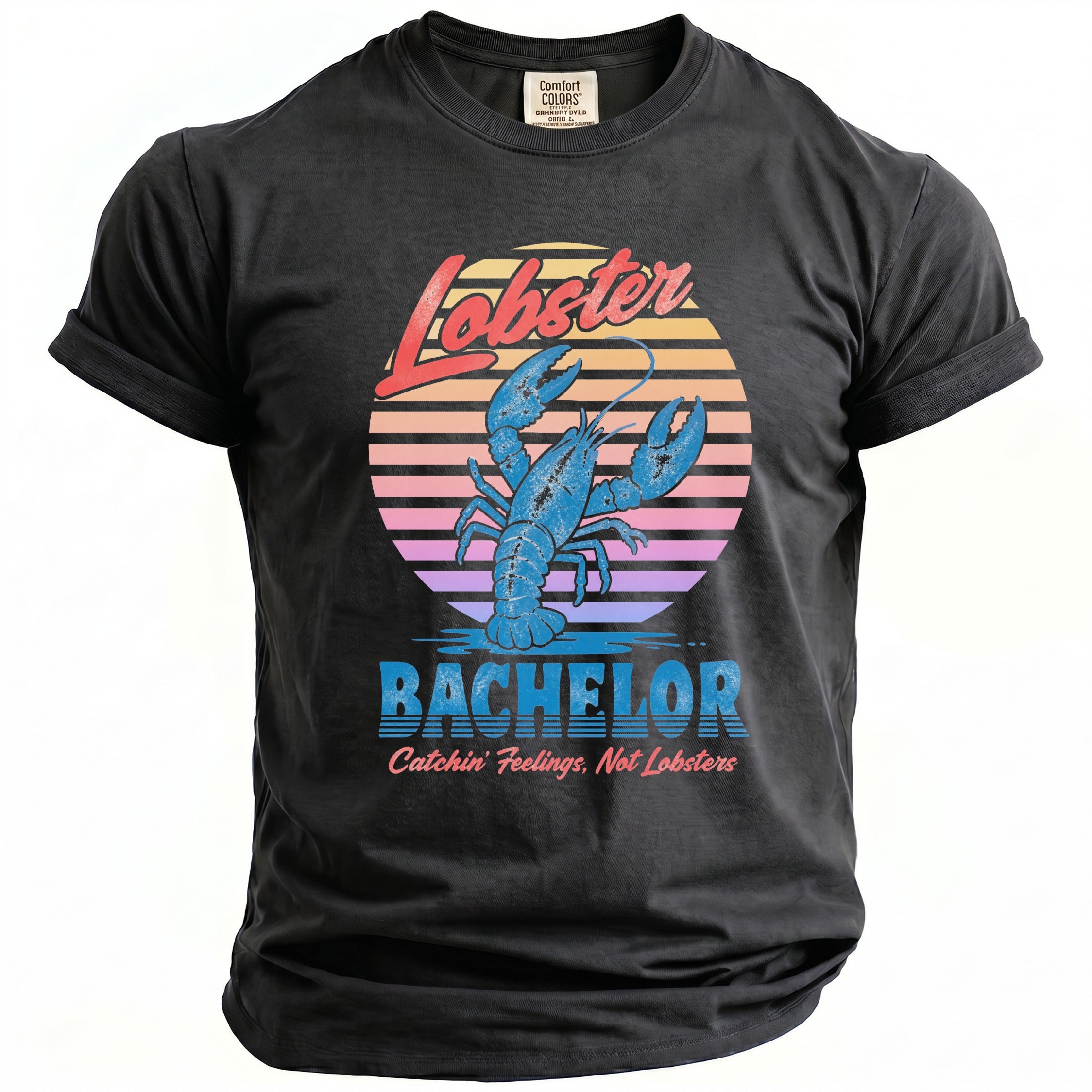 Dark grey t-shirt with a blue lobster and "Lobster Bachelor Catchin' Feelings, Not Lobsters" text.