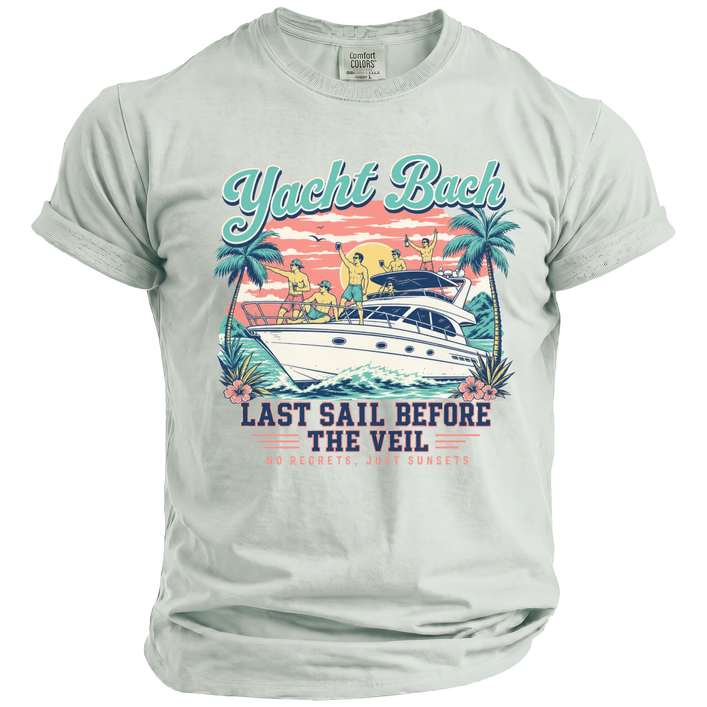Light gray t-shirt with a retro-style graphic reading Yacht Bach Last Sail Before The Veil.
