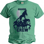 Green t-shirt with "GROOM CREW" text and a wolf howling at the moon.