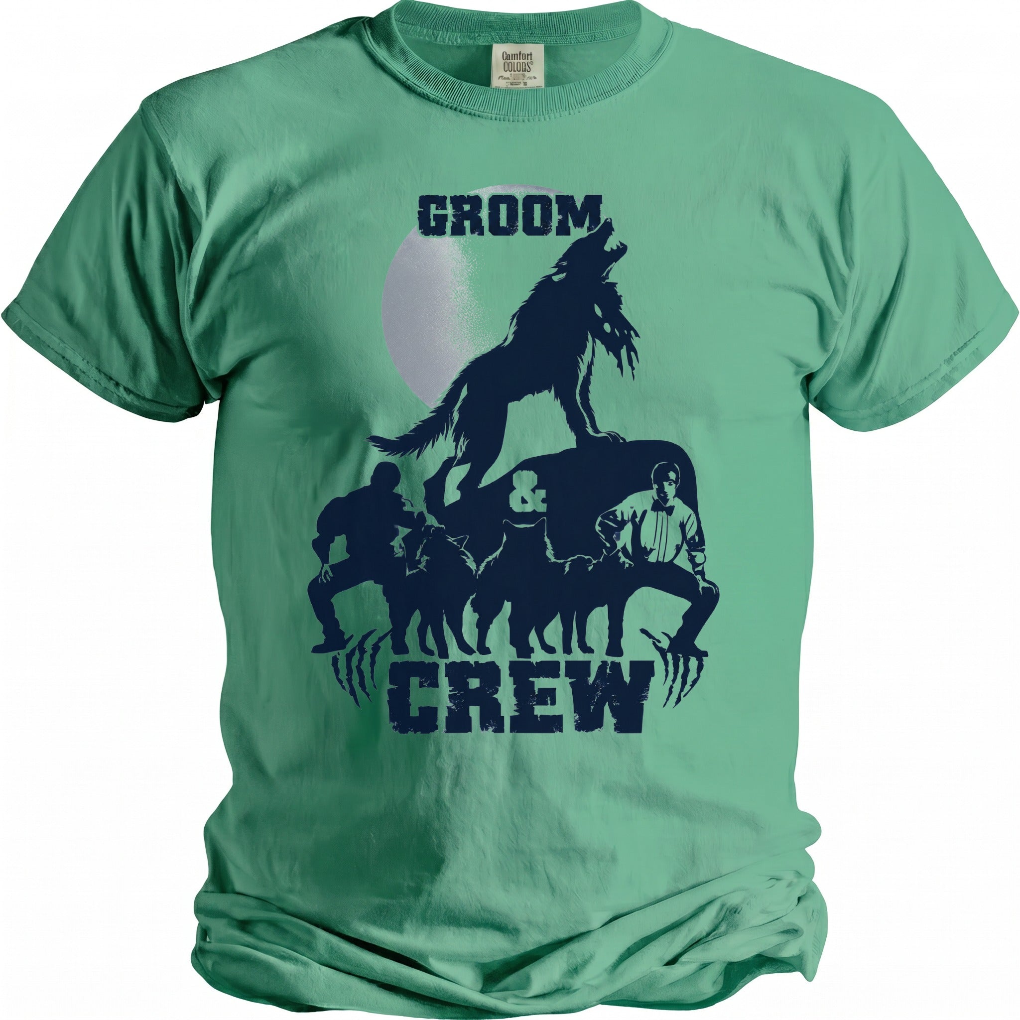 Green t-shirt with "GROOM CREW" text and a wolf howling at the moon.