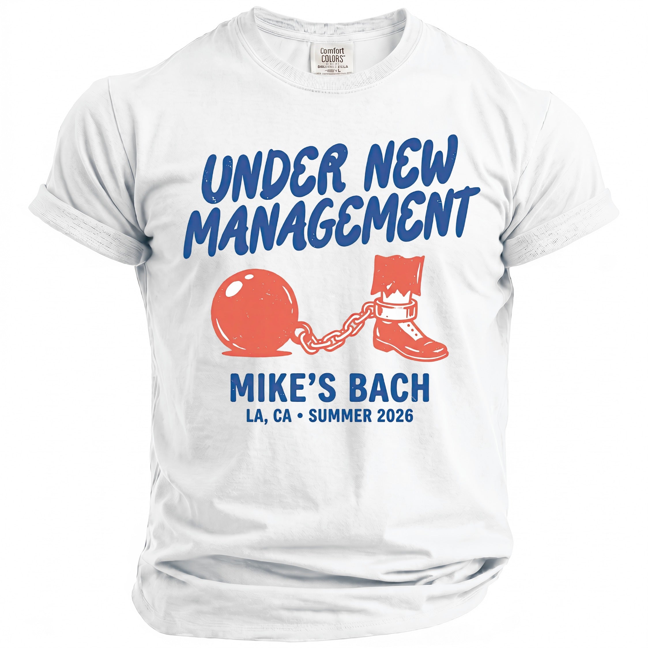 White t-shirt with "UNDER NEW MANAGEMENT MIKE'S BACH LA, CA SUMMER 2026" and graphics.