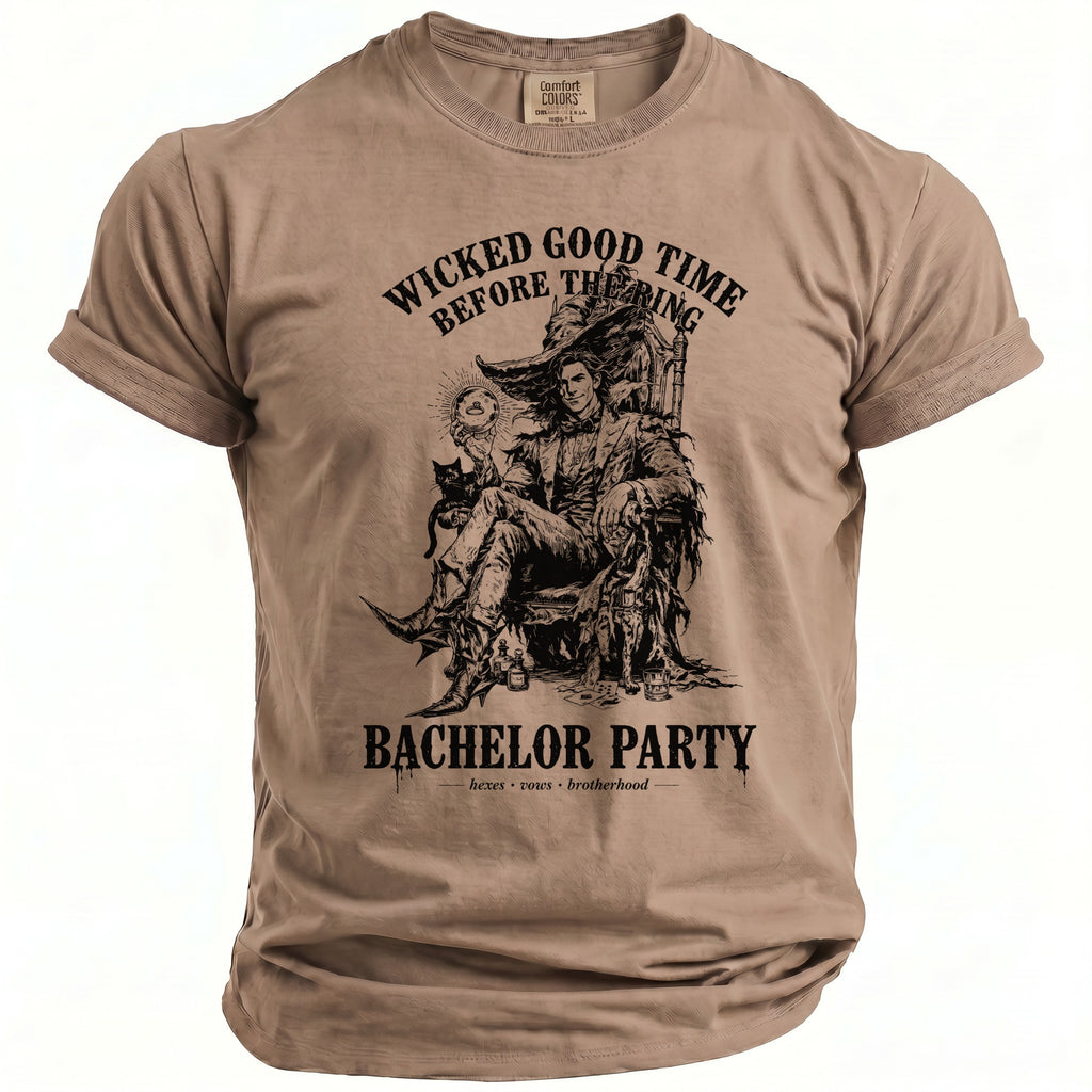 Tan t-shirt with "Wicked Good Time Before The Ring Bachelor Party" graphic.