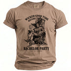 Tan t-shirt with "Wicked Good Time Before The Ring Bachelor Party" graphic.
