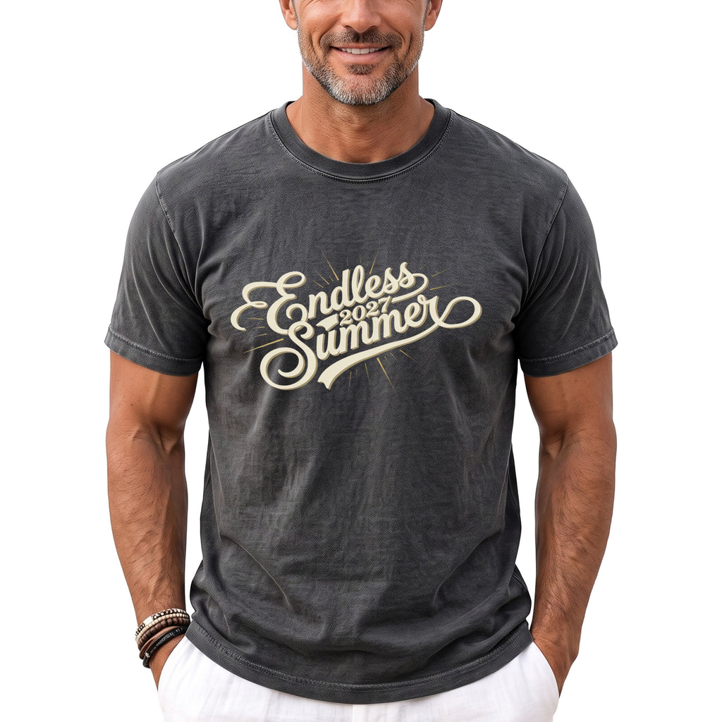 Dark grey t-shirt with "Endless Summer 2027" in stylized cream text.