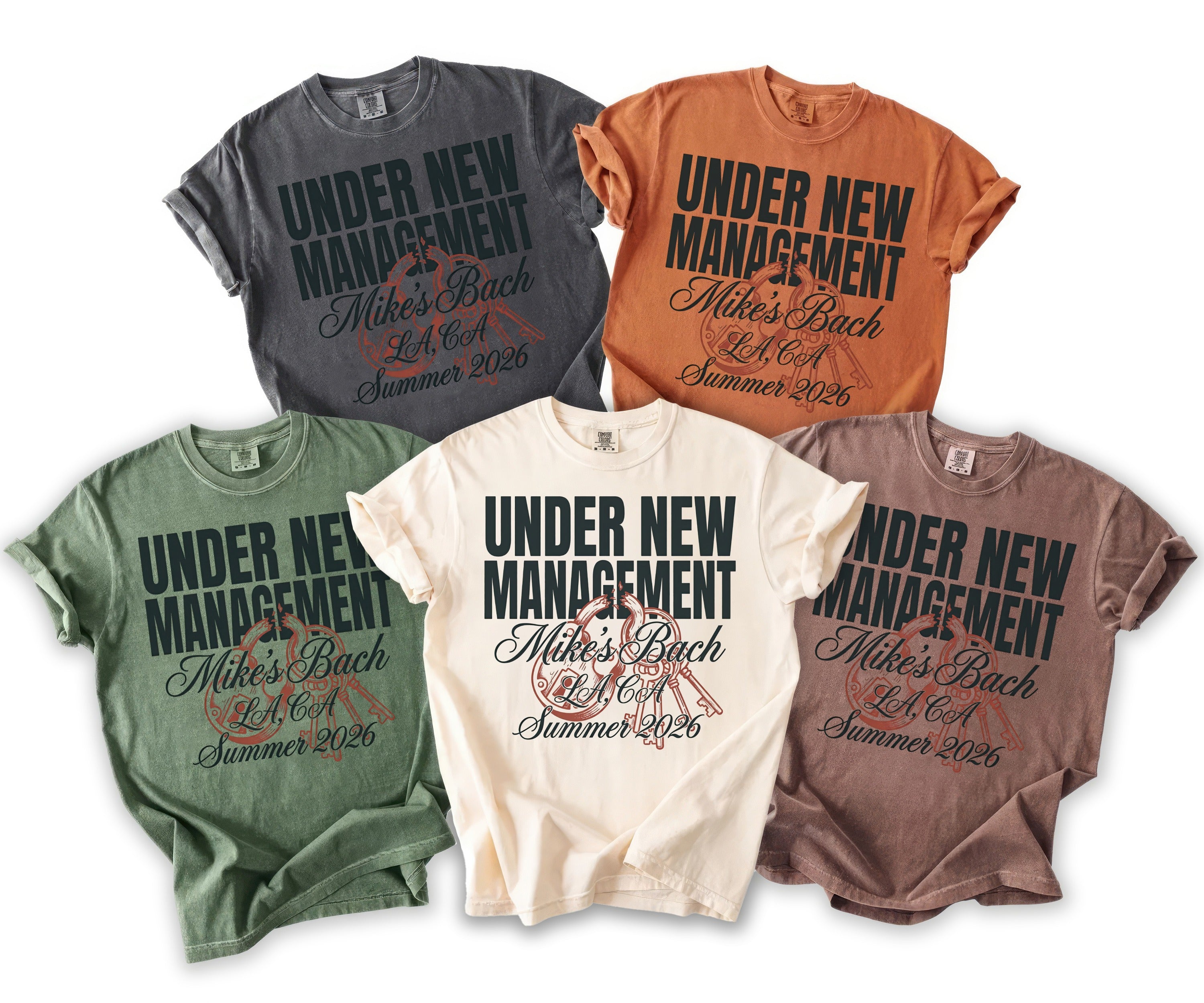 Five t-shirts in various colors featuring "Under New Management Mike's Bach LA, CA Summer 2026" text.