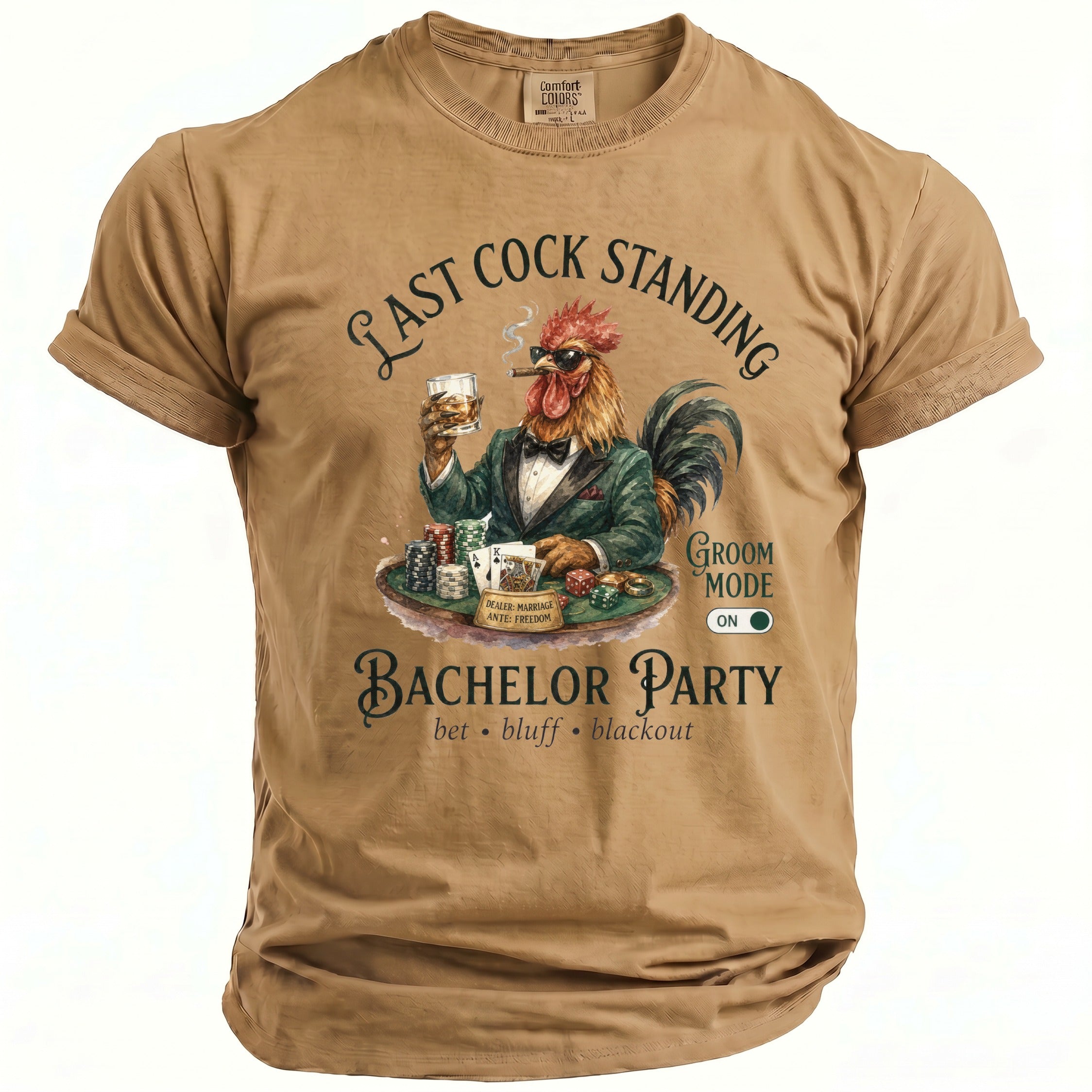 Tan t-shirt with rooster playing poker, "Last Cock Standing Bachelor Party" text.