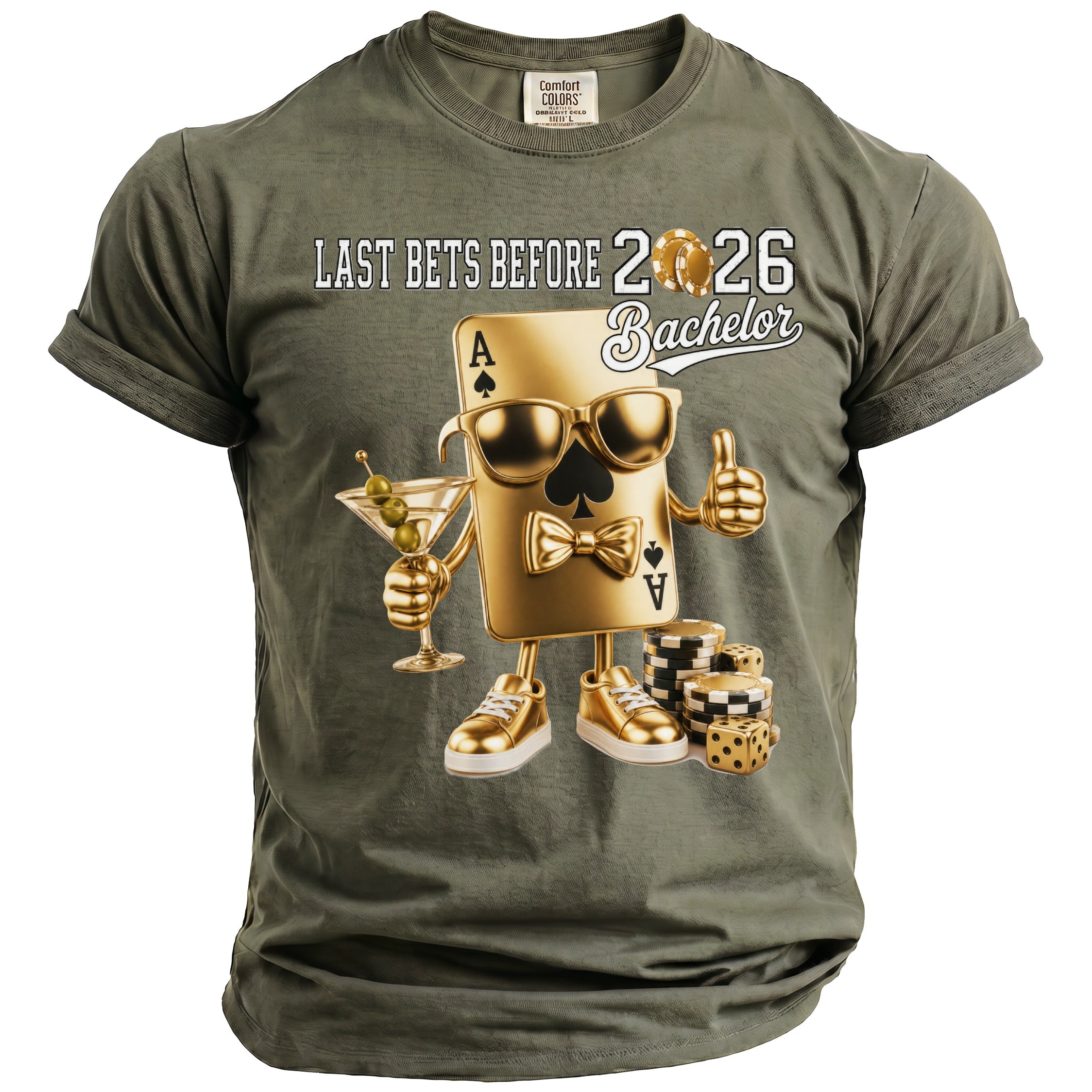 Green t-shirt with "Last Bets Before 2026 Bachelor" text and gold Ace of Spades.