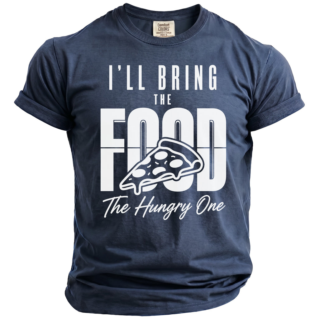 Navy t-shirt with white text "I'LL BRING THE FOOD" and a pizza slice.