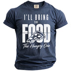 Navy t-shirt with white text "I'LL BRING THE FOOD" and a pizza slice.