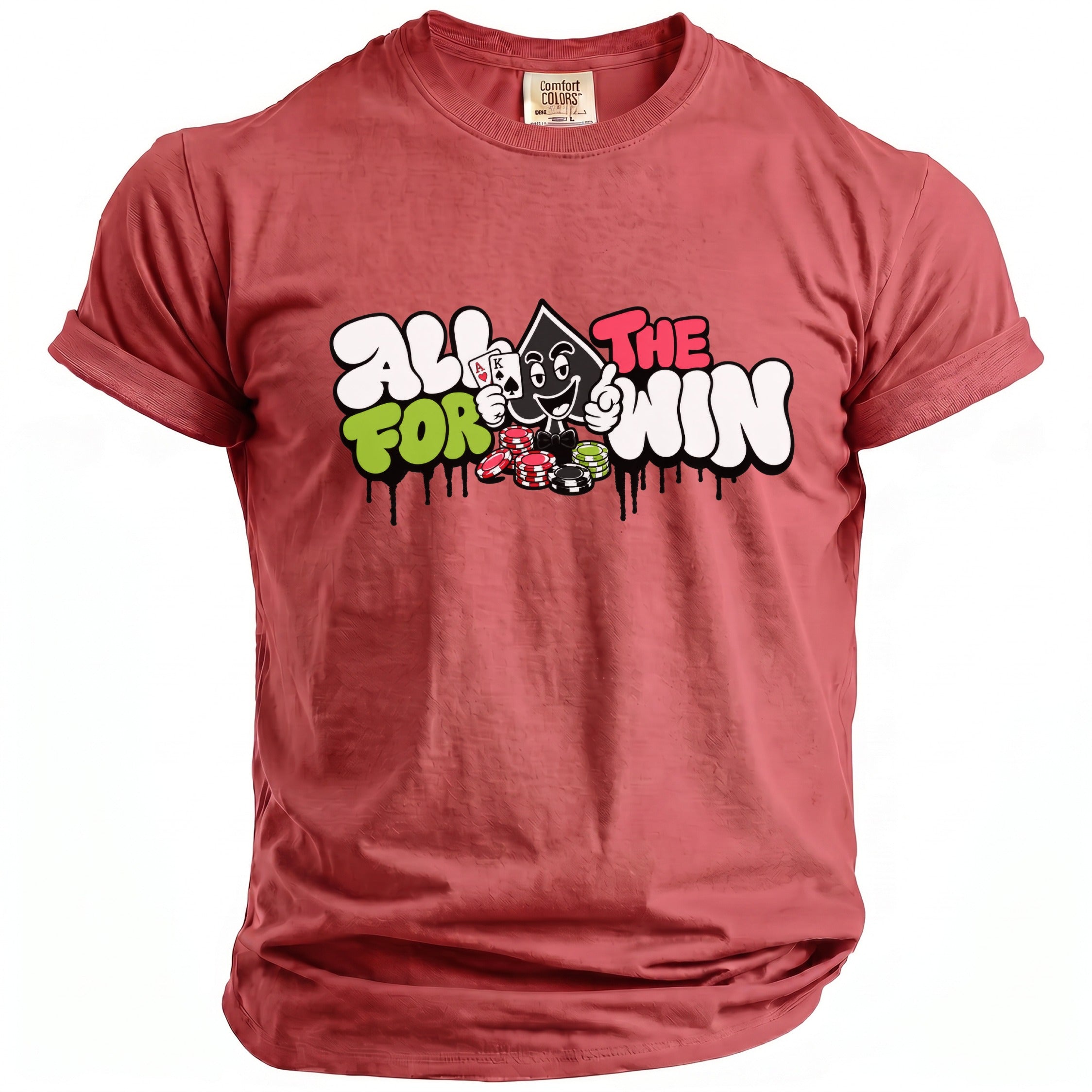 Red t-shirt with "All for the win" text and cartoon poker chips.