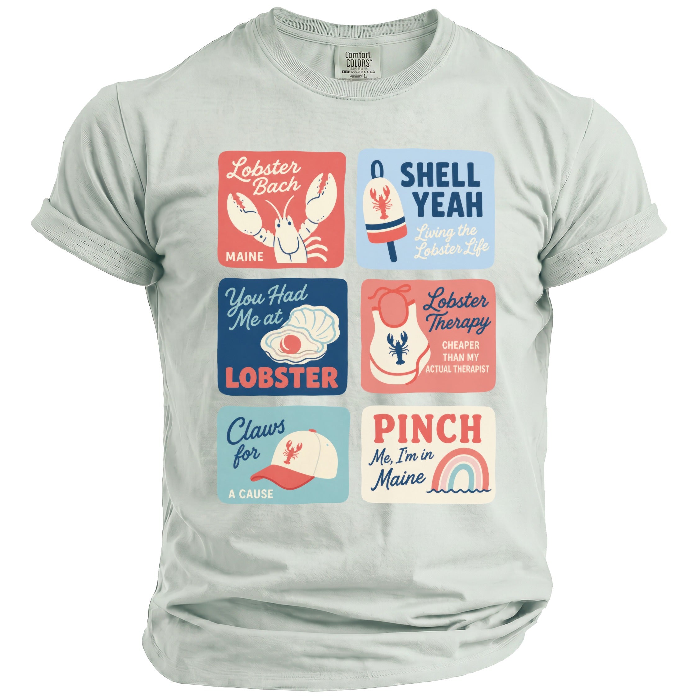 T-shirt with six colorful squares featuring lobster-themed phrases and illustrations.