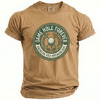 Tan t-shirt with "Same Hole Forever Bachelor Golf Weekend 2026" graphic.