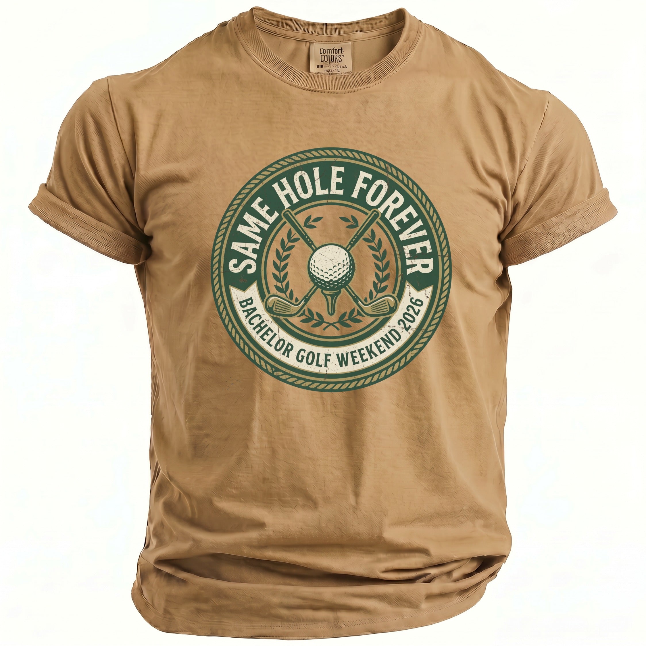 Tan t-shirt with "Same Hole Forever Bachelor Golf Weekend 2026" graphic.