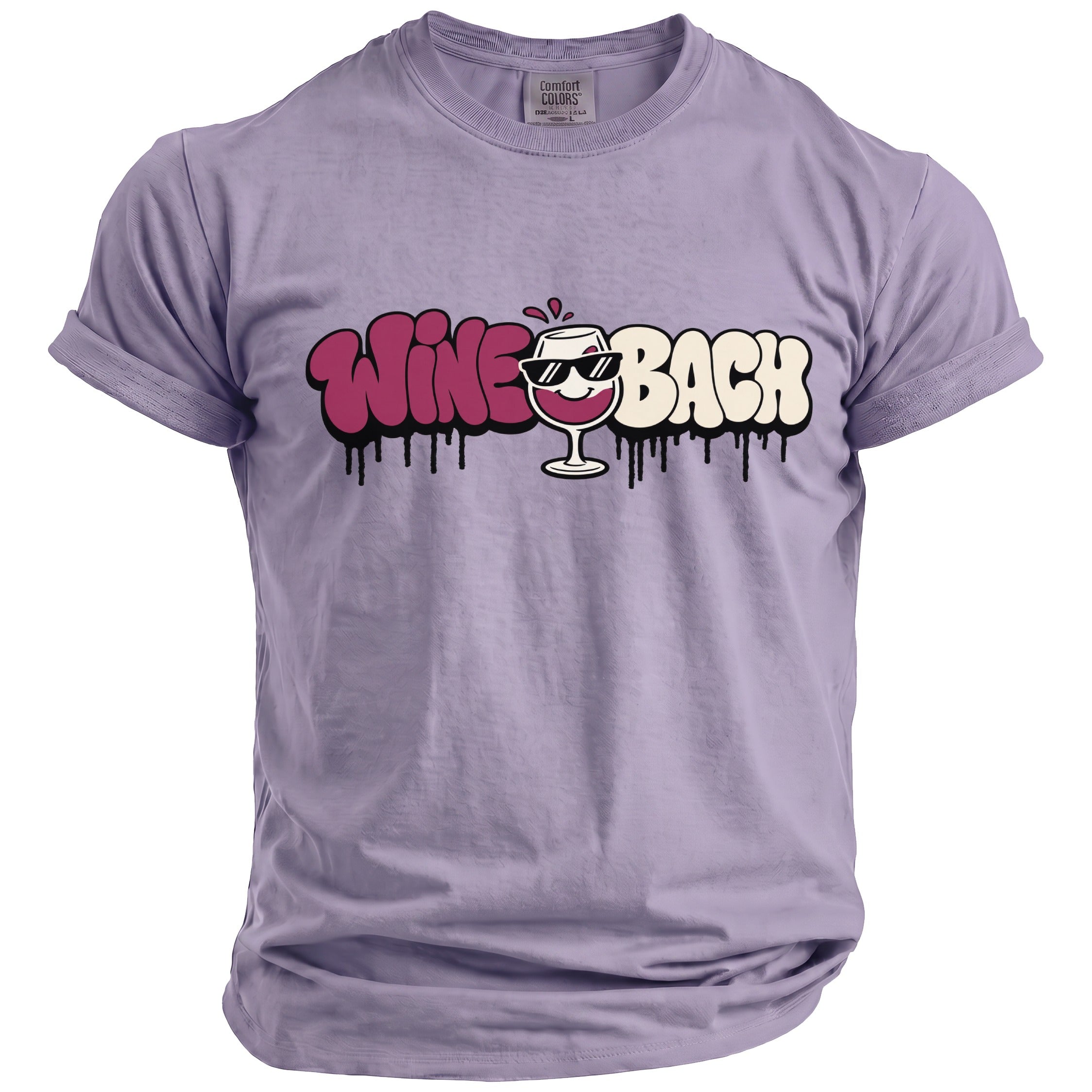 Purple t-shirt with "Wine & Bach" text and a cartoon wine glass.