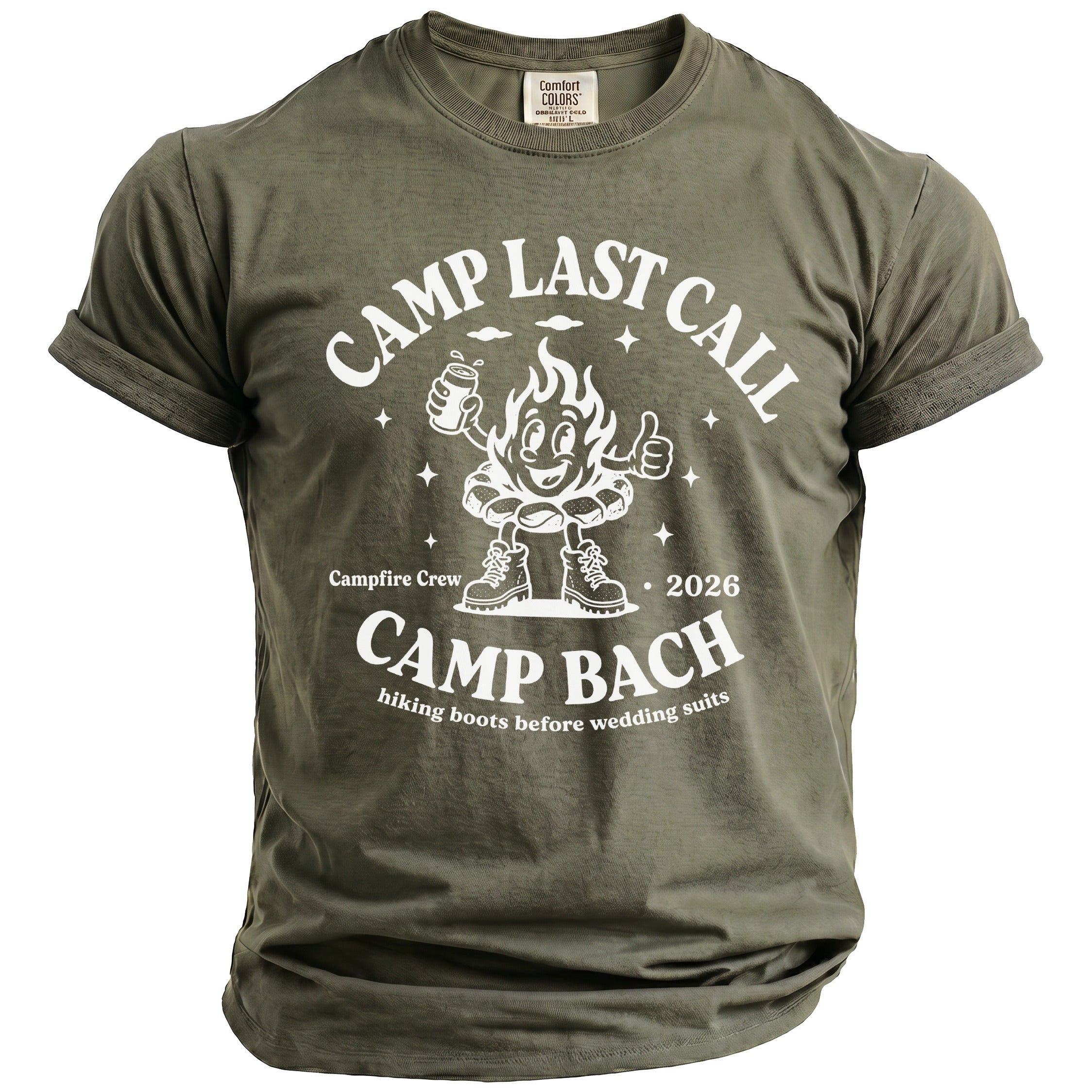 An olive green t-shirt with white graphic text reading Camp Last Call and Camp Bach.