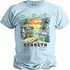 Light blue t-shirt with "Bach Beach Party" graphic and "Kenneth Miami, FL Est. 2026" text.