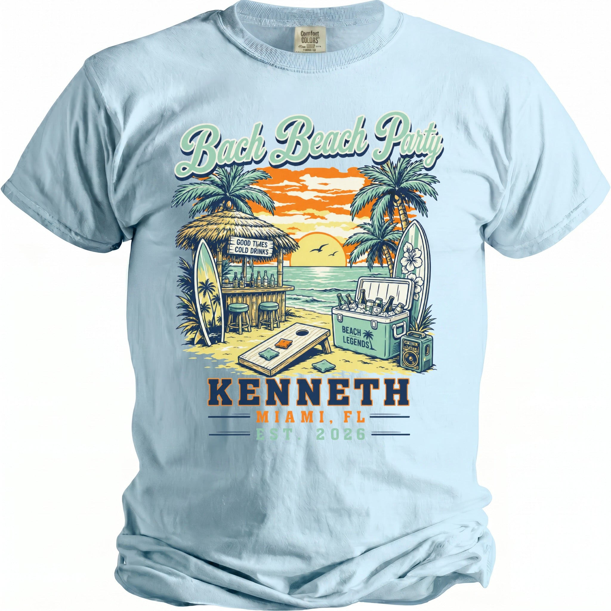 Light blue t-shirt with "Bach Beach Party" graphic and "Kenneth Miami, FL Est. 2026" text.