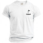 White t-shirt with a small black graphic of a golf flag, ball, and club on the left chest.