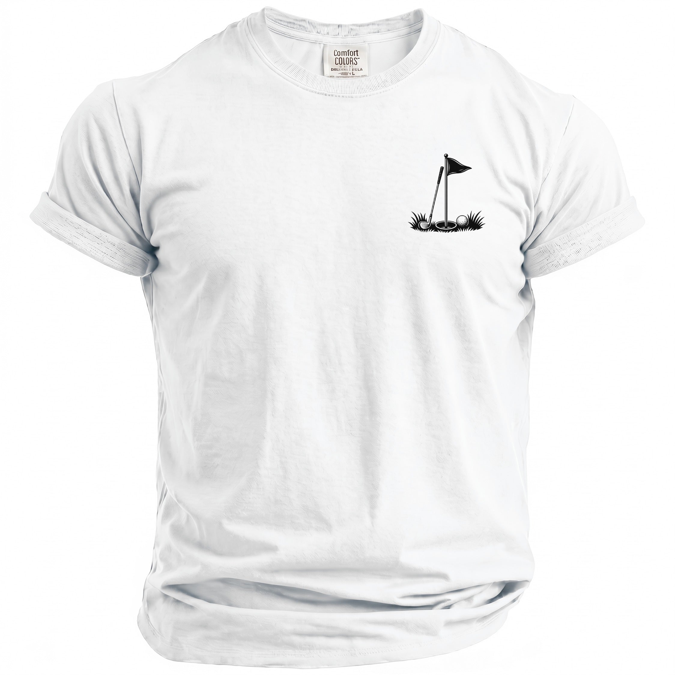 White t-shirt with a small black graphic of a golf flag, ball, and club on the left chest.