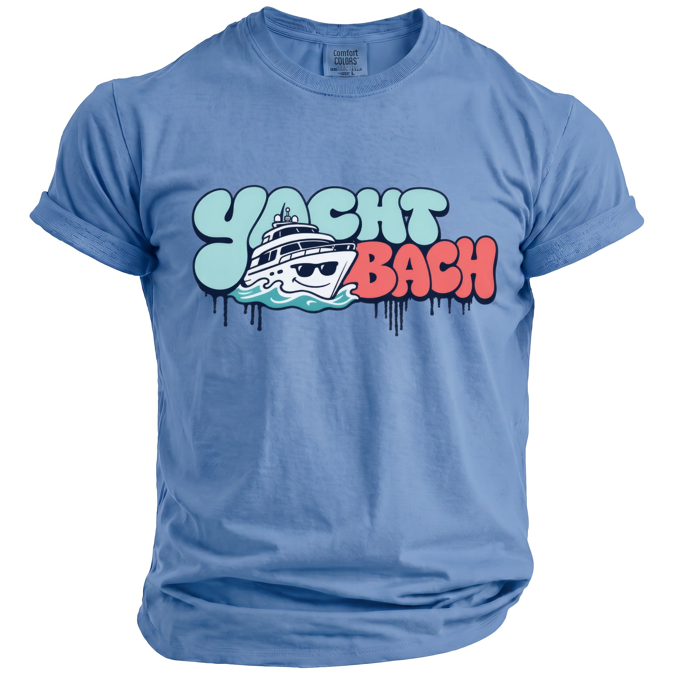 Blue t-shirt with "Yacht Bach" text featuring a cartoon yacht and dripping paint effect.