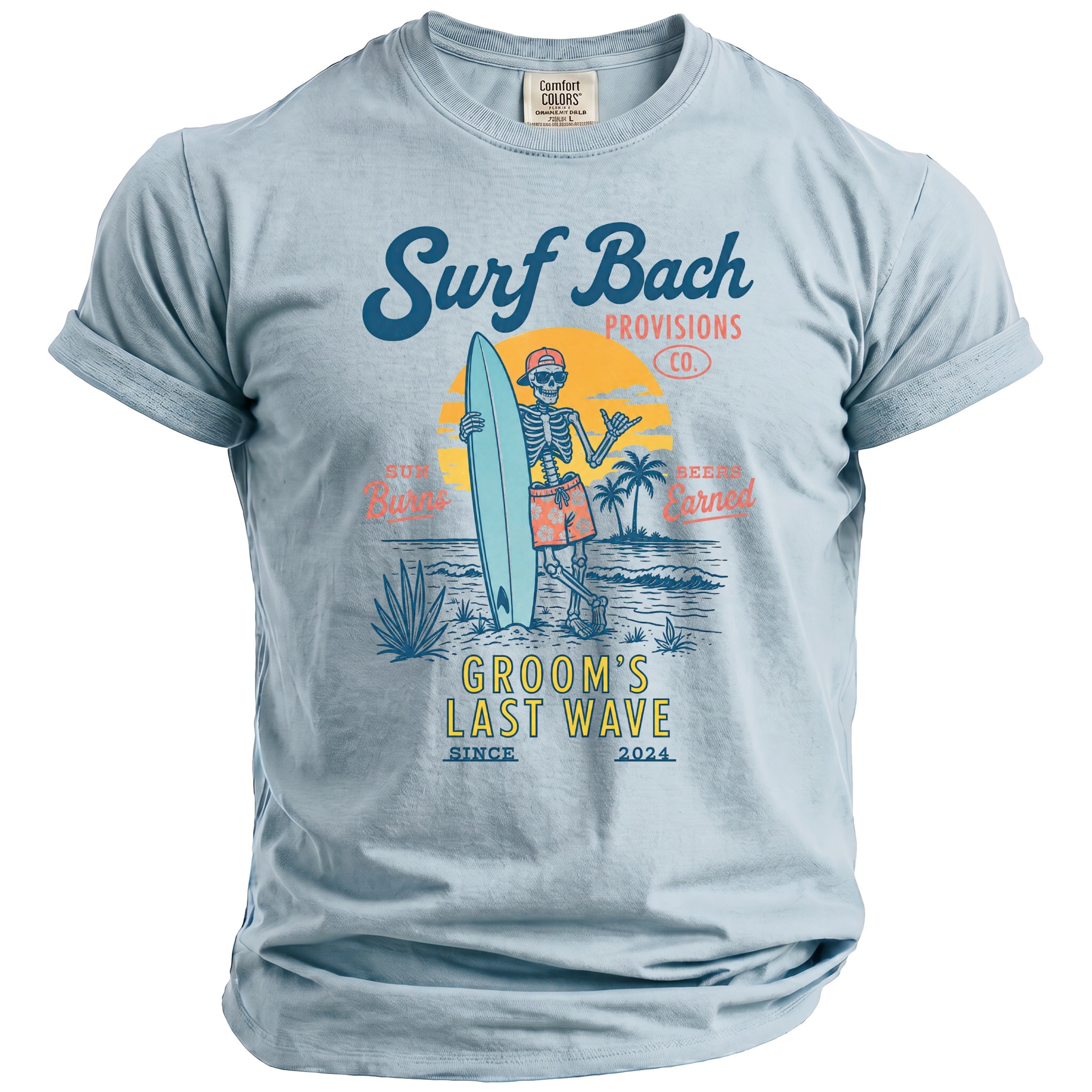 Light blue t-shirt with "Surf Bach Provisions Co." and skeleton graphic.