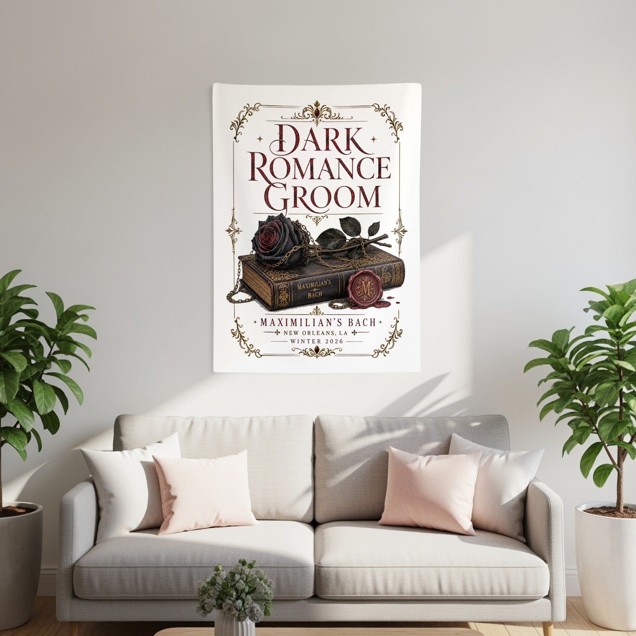 Dark Romance Groom book art with black rose, chains, and wax seal.