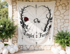 Tangled in Forever wedding banner with ring, spider, rose, and greenery.