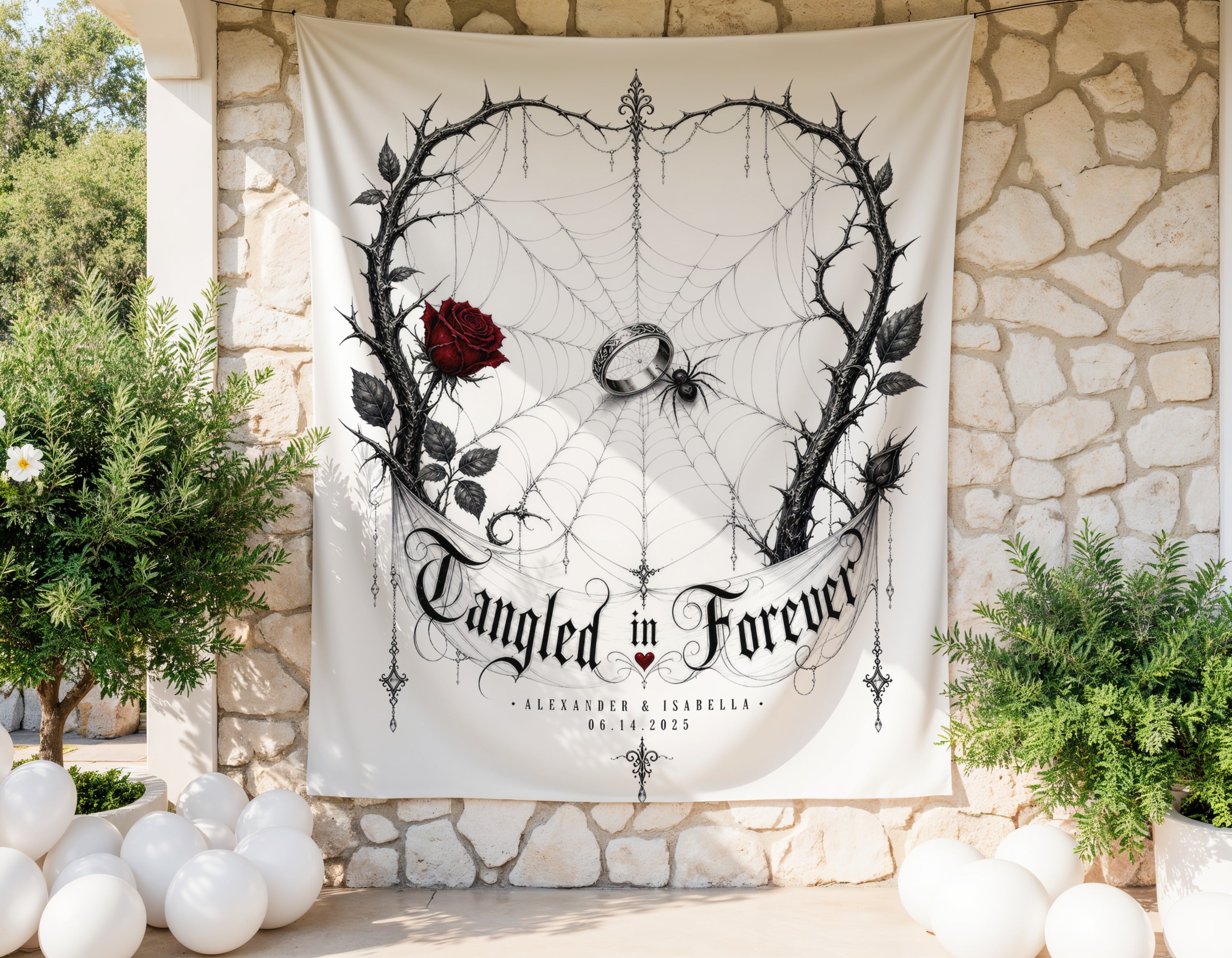 Tangled in Forever wedding banner with ring, spider, rose, and greenery.