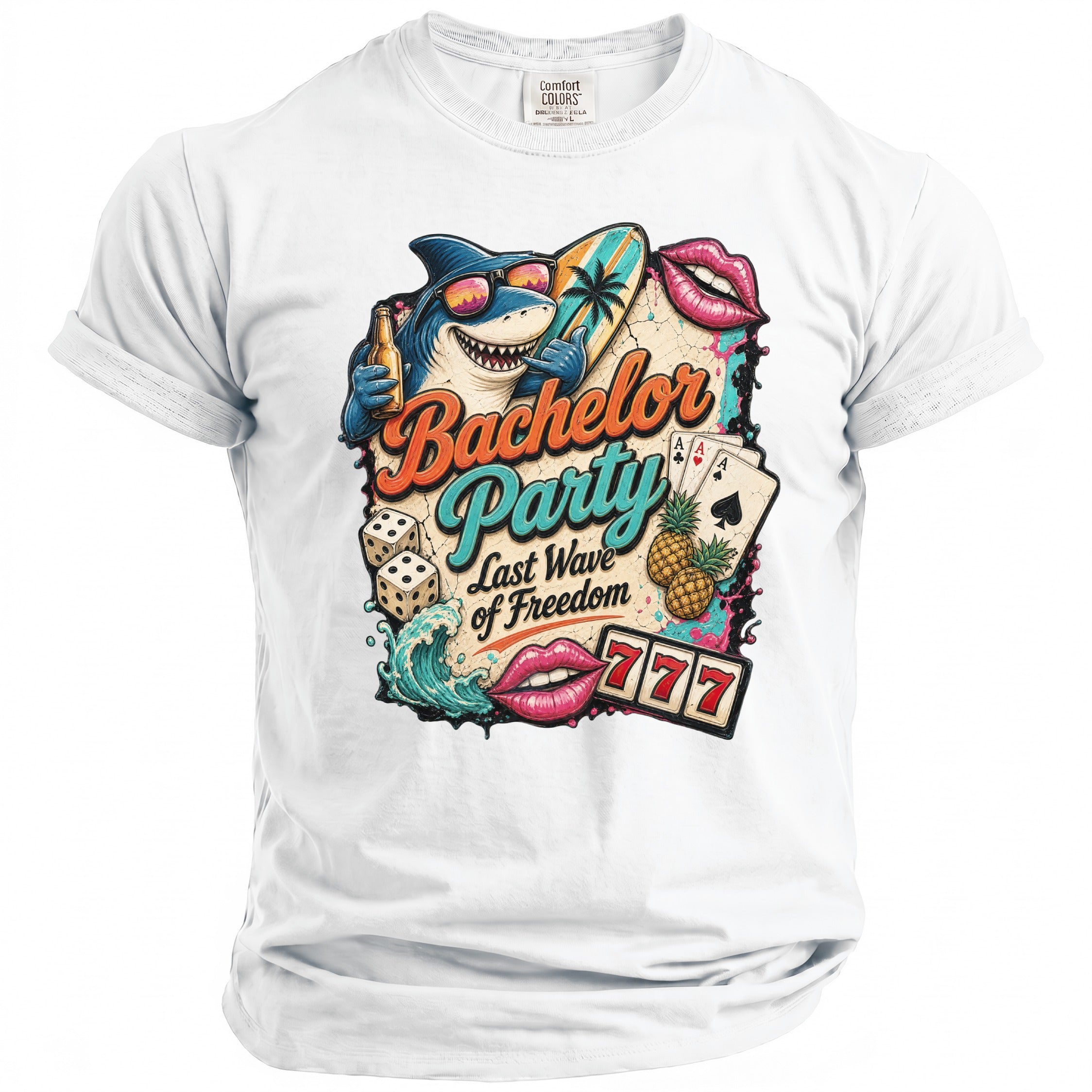White t-shirt with "Bachelor Party Last Wave of Freedom" graphic featuring a shark, dice, and cards.