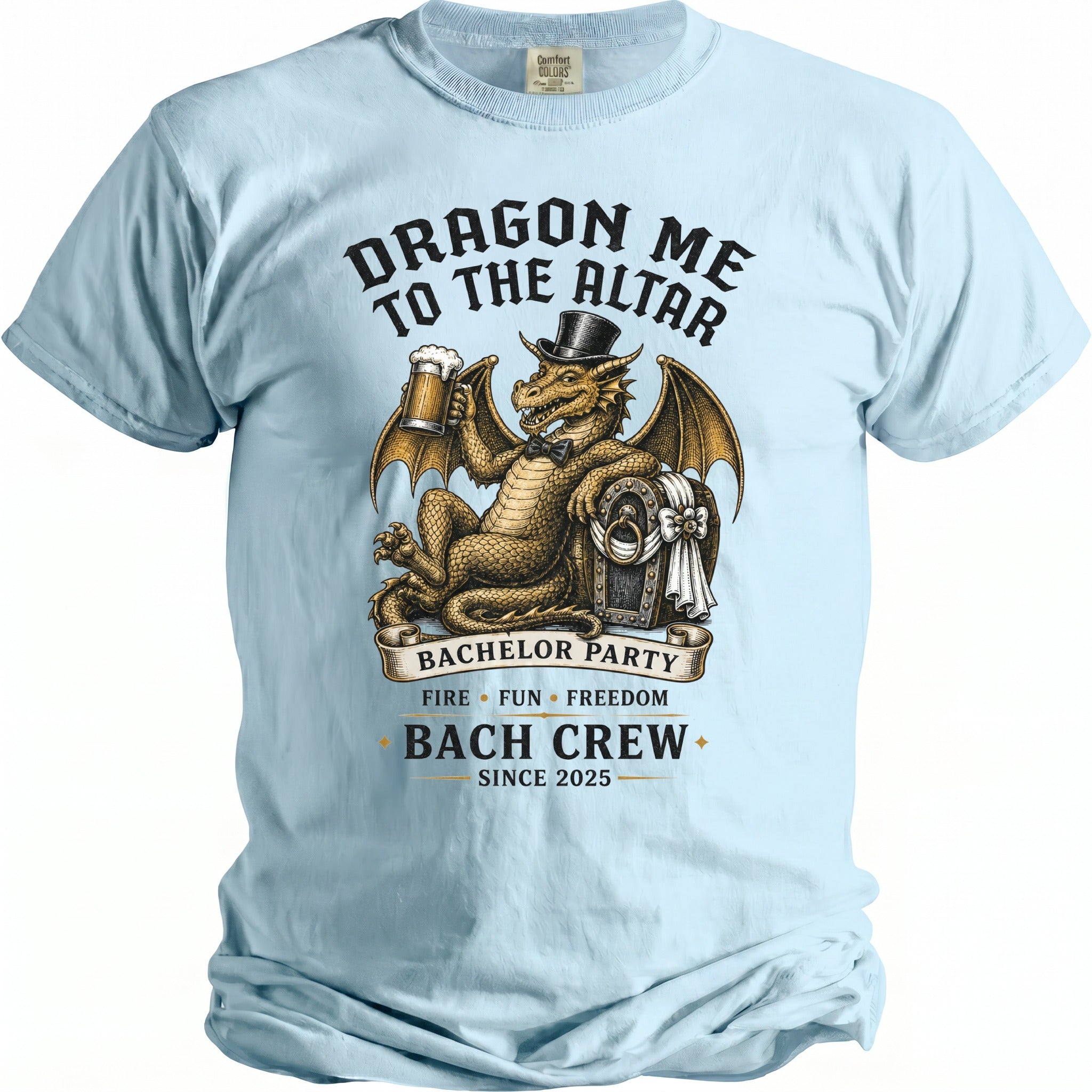 Light blue t-shirt with dragon, beer, and "Dragon Me To The Altar Bach Crew" text.