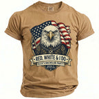 Brown t-shirt design with an eagle, American flag, and text "Red, White & I Do".