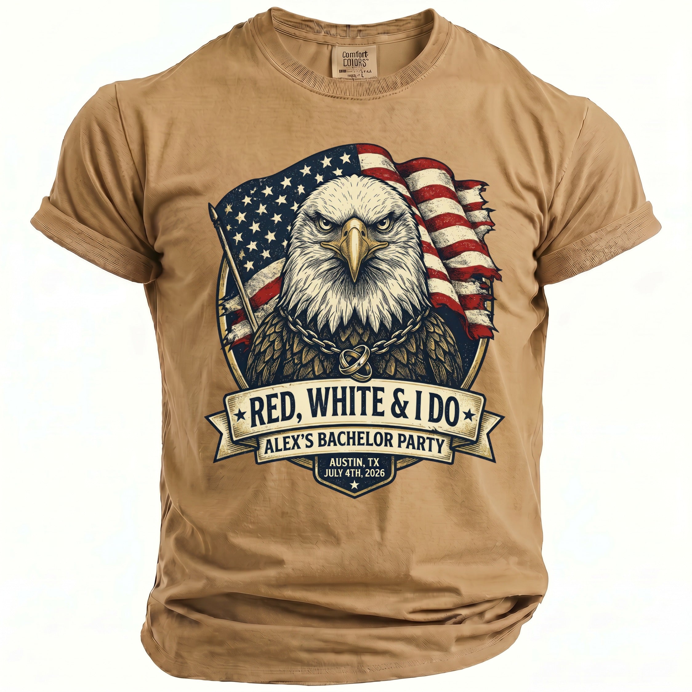 Brown t-shirt design with an eagle, American flag, and text "Red, White & I Do".