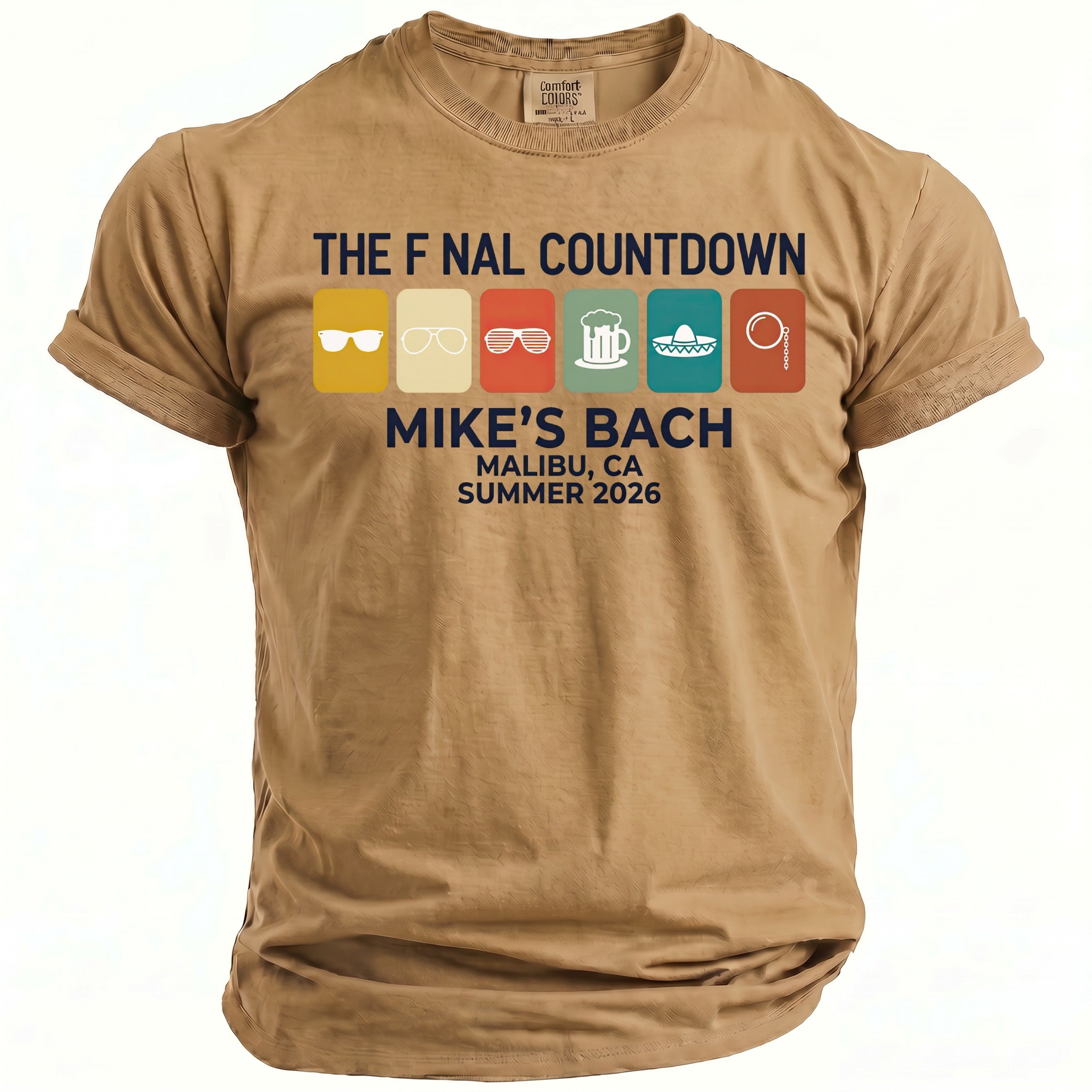 T-shirt with "The Final Countdown Mike's Bach Malibu CA Summer 2026" and icons.