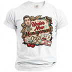 White t-shirt graphic with "Under New Management" text and bachelor party theme.